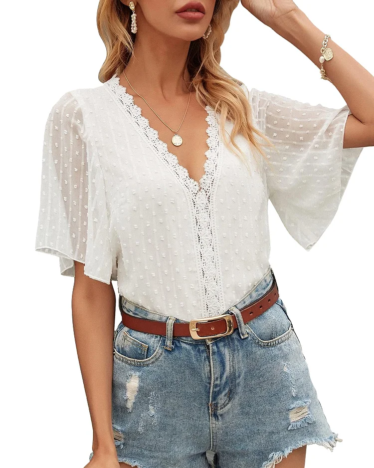 Women Sexy V Neck Short Sleeve Tunics Tops Lace Summer Causal Blouses Shirts