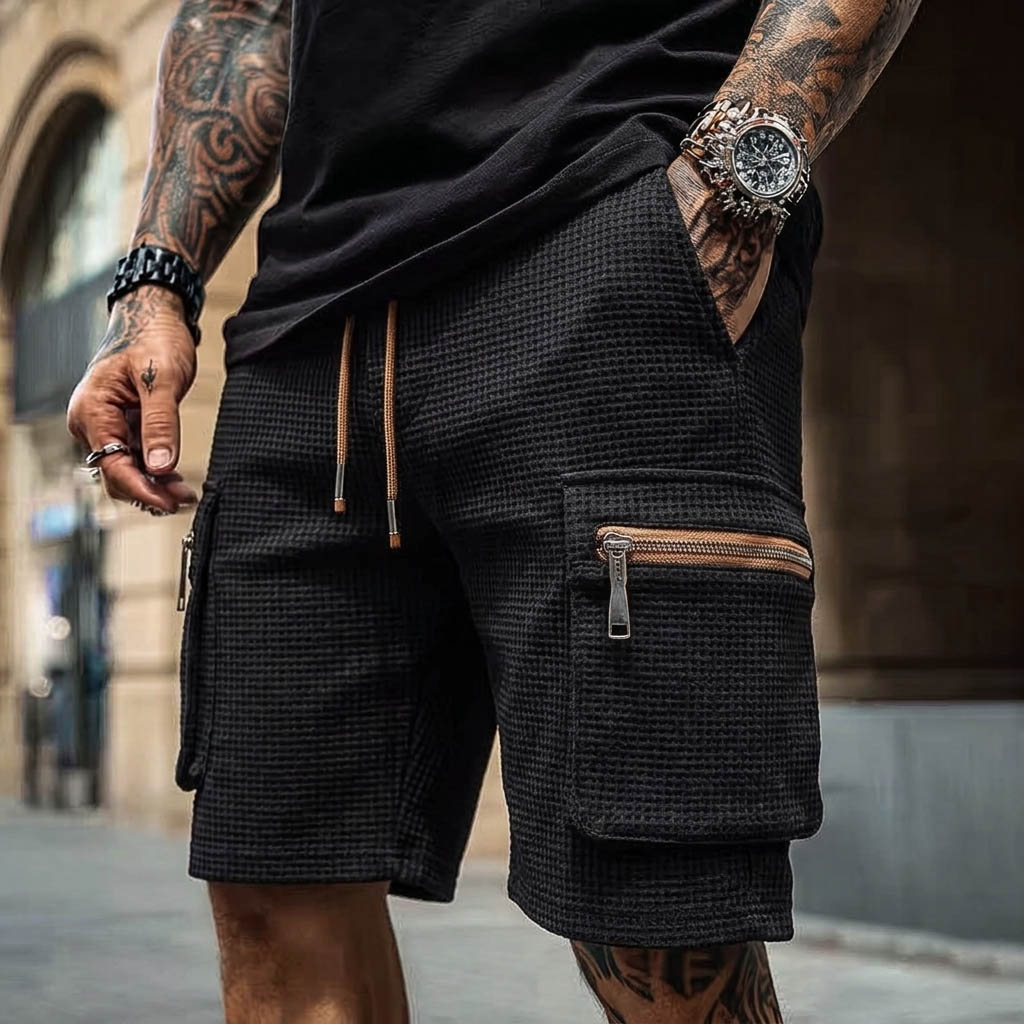 thesupersurf Men's Vintage Waffle Knit Surfing Zipper Pockets Elastic Waist Cargo Shorts