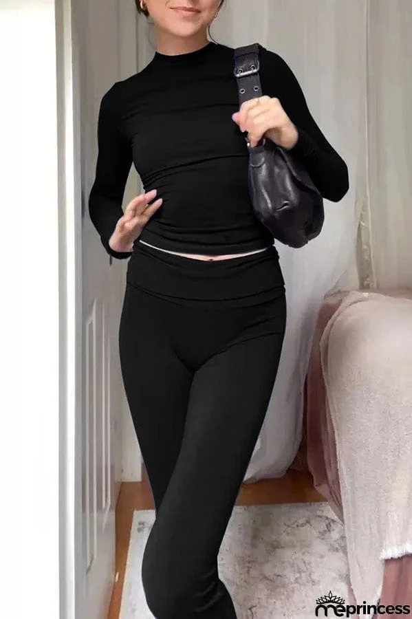 Solid Color Long Sleeved Pullover and Flared Pants Lounge Two Piece Set