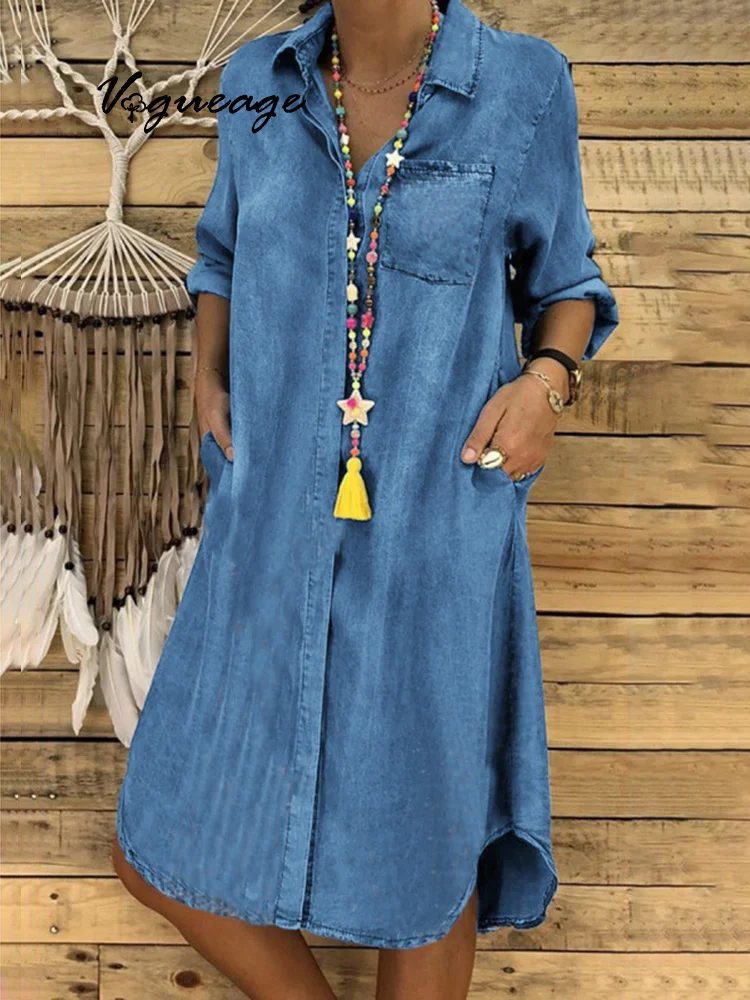 Fashionable And Casual Solid Color Mid-Length Denim Dress