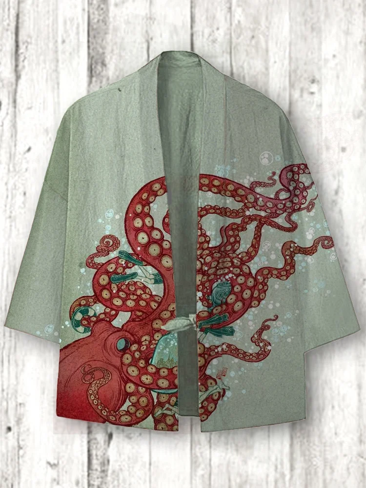Comstylish Ocean Octopus Japanese Art Linen Blend Kimono Cardigan