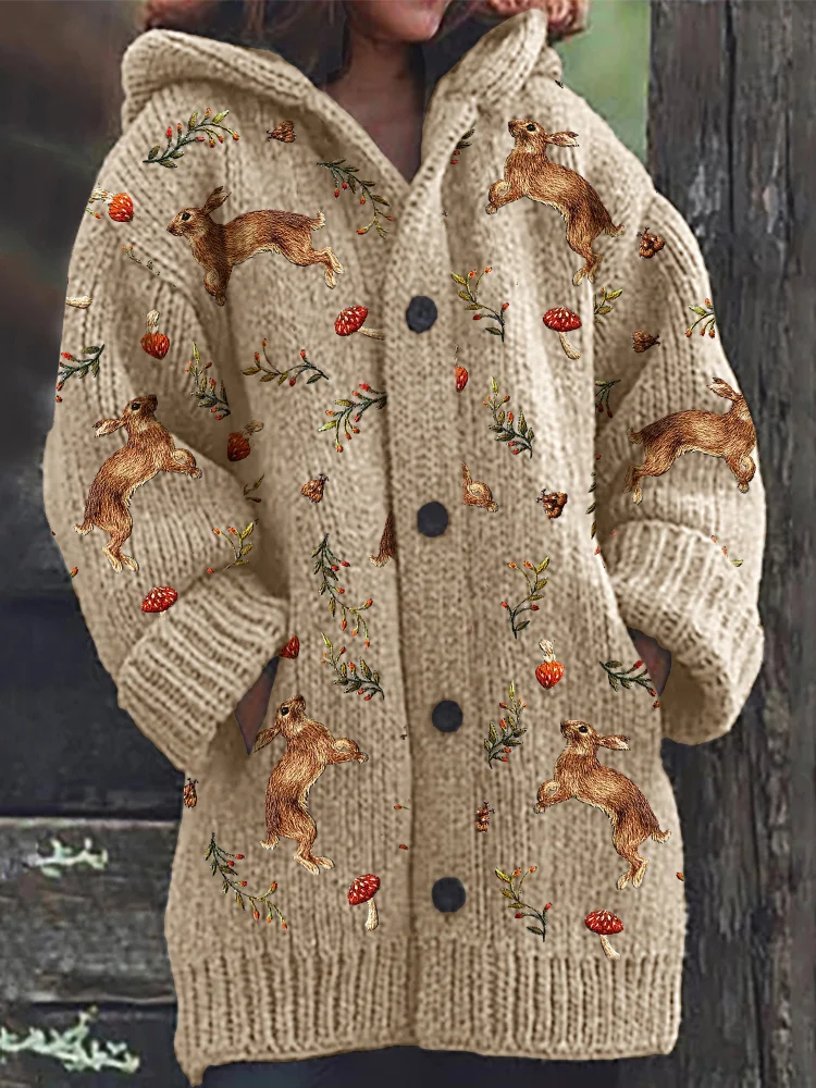 VChics Forest Bunny Floral Embroidery Pattern Cozy Hooded Cardigan