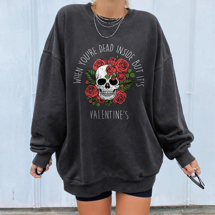 Vefave Rose Skull Print Casual Halloween Sweatshirt