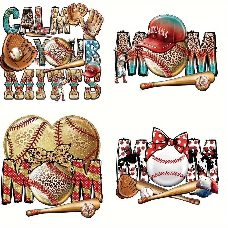 4pcs Baseball Sublimation Iron On Heat Transfers Personalized Style Washable Heat Transfer Designs Stickers For T-Shirts DIY Clothing Mask Jeans Hats Pillow-Guru-buzz