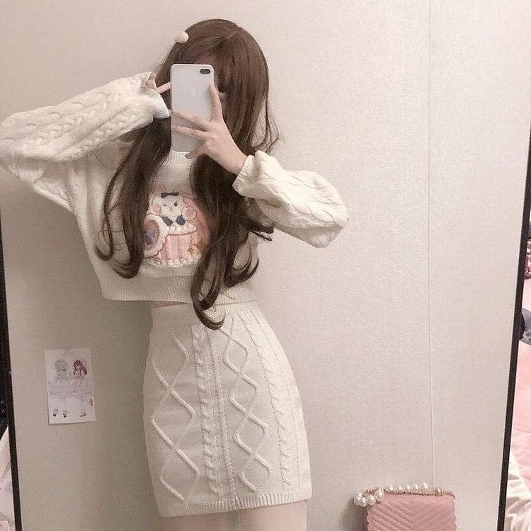 Cute Rabbit Pattern Long Sleeve Sweater Half-length Skirt Two Piece Set SP15509
