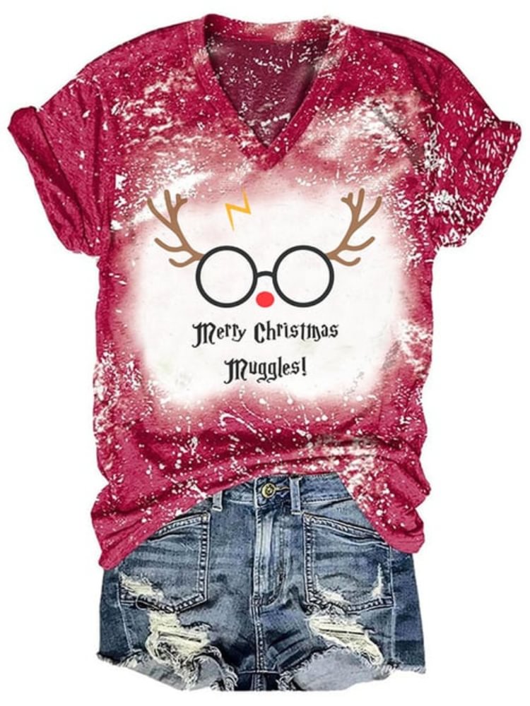 Vefave Christmas Glasses Elk Print Short Sleeve T Shirt