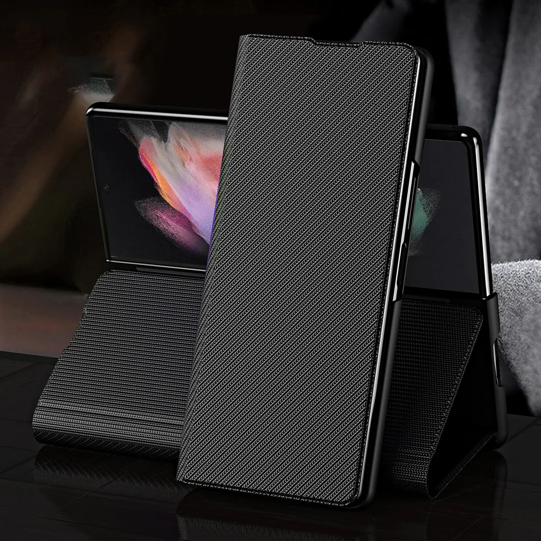 Luxury Carbon Fiber Leather Phone Case With Magnetic Screen Cover,Kickstand And Hinge For Galaxy Z Fold3/ Fold4/Fold5