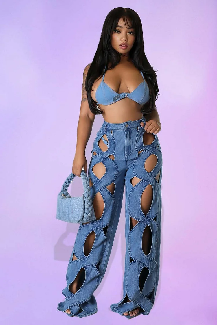 Hollow Out Denim High Waist Wide Leg Pants