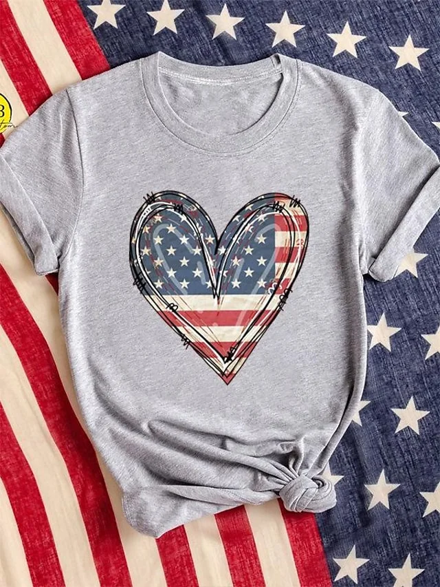 Women's Cotton Heart American Flag Print Black Short Sleeve T-shirt socialshop
