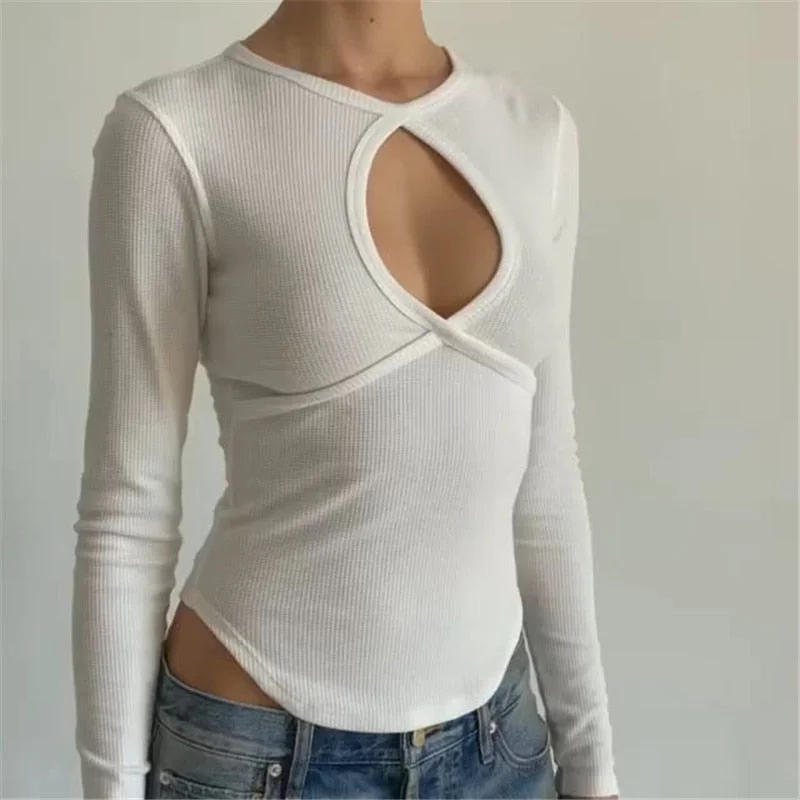 Girlfairy Chic Long Sleeve Cut Out Elegant Women's Tops T-Shirts Autumn Knit White Basic Top Tee Streetwear Clothes