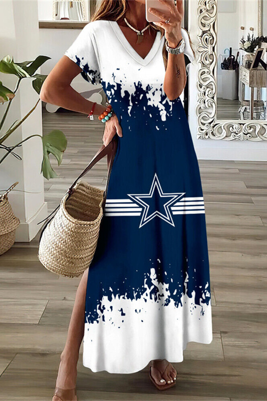 Dallas Cowboys Side Slit Maxi Dress Womens Casual V-neck Short Sleeve Long  Dress