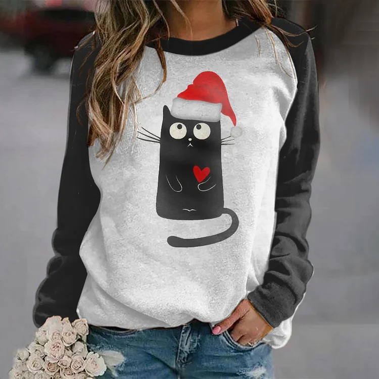 Crew Neck Cat Print Colorblock Sweatshirt