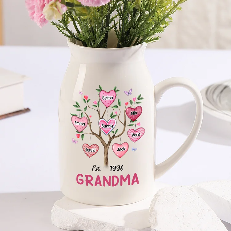 Pink Family Tree Vase Personalized Ceramic Flower Vase Custom 7 Names Gift Grandma