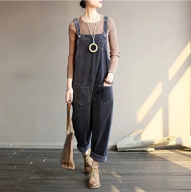 Women's Adjustable Strap Corduroy Long Bib Pants socialshop