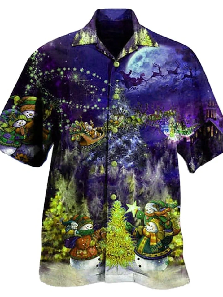 Men's Shirt Graphic Shirt Santa Claus Turndown Sea Blue Navy Blue + Black Green Blue Purple Street Casual Short Sleeve 3D Button-Down Clothing Apparel Fashion Designer Casual Comfortable