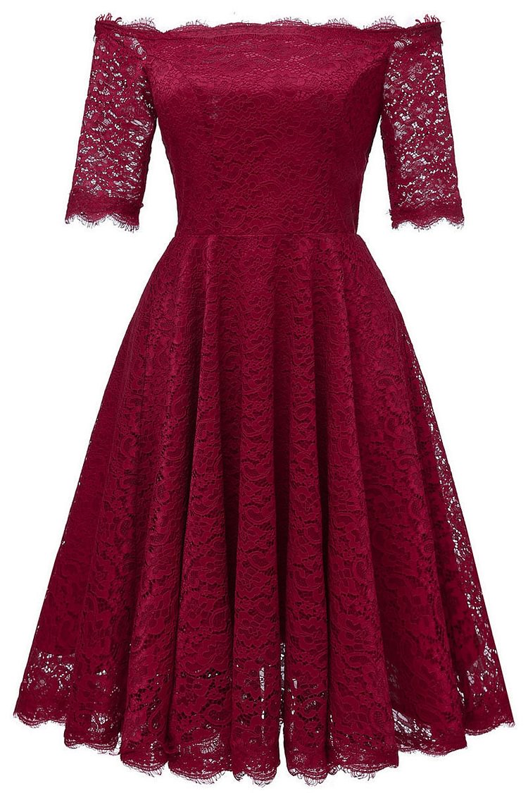 Burgundy Off-the-shoulder Lace Bridesmaid Prom Dress With Sleeves - BlackFridayBuys
