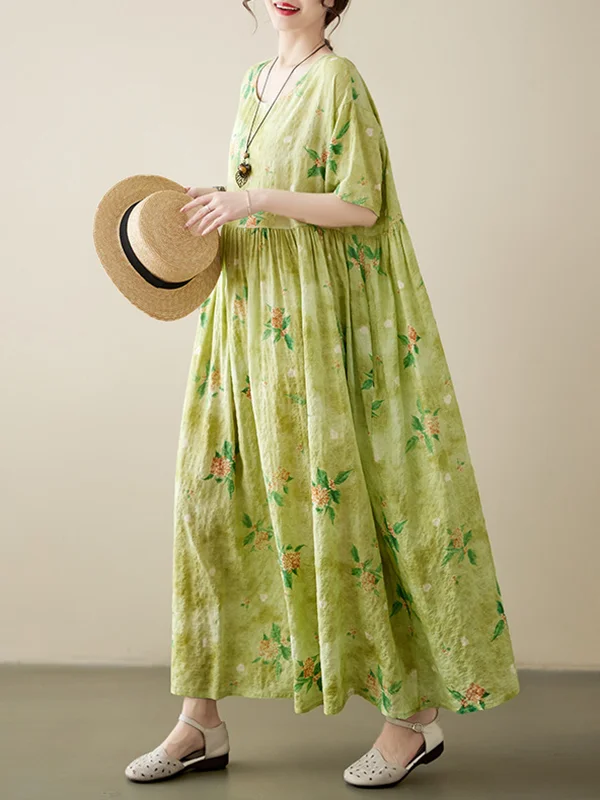 A-Line Short Sleeves Floral Stamped Round-Neck Midi Dresses