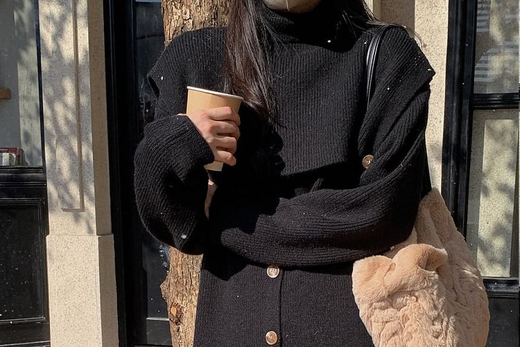 Set: Long-Sleeve Round Neck Plain Button Ribbed Midi Shift Sweater Dress + Turtleneck Capelet ZL19