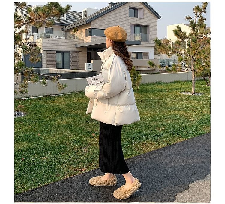 Stand Collar Plain Snap Button Puffer Jacket TY45