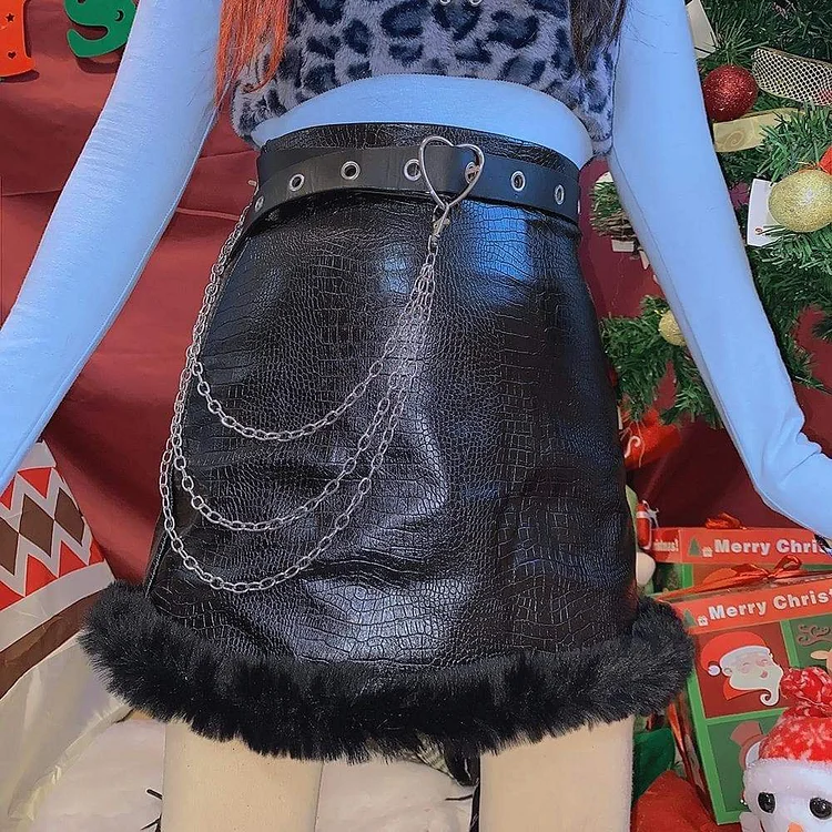Black Furry-edged PU Leather Skirt SE0709