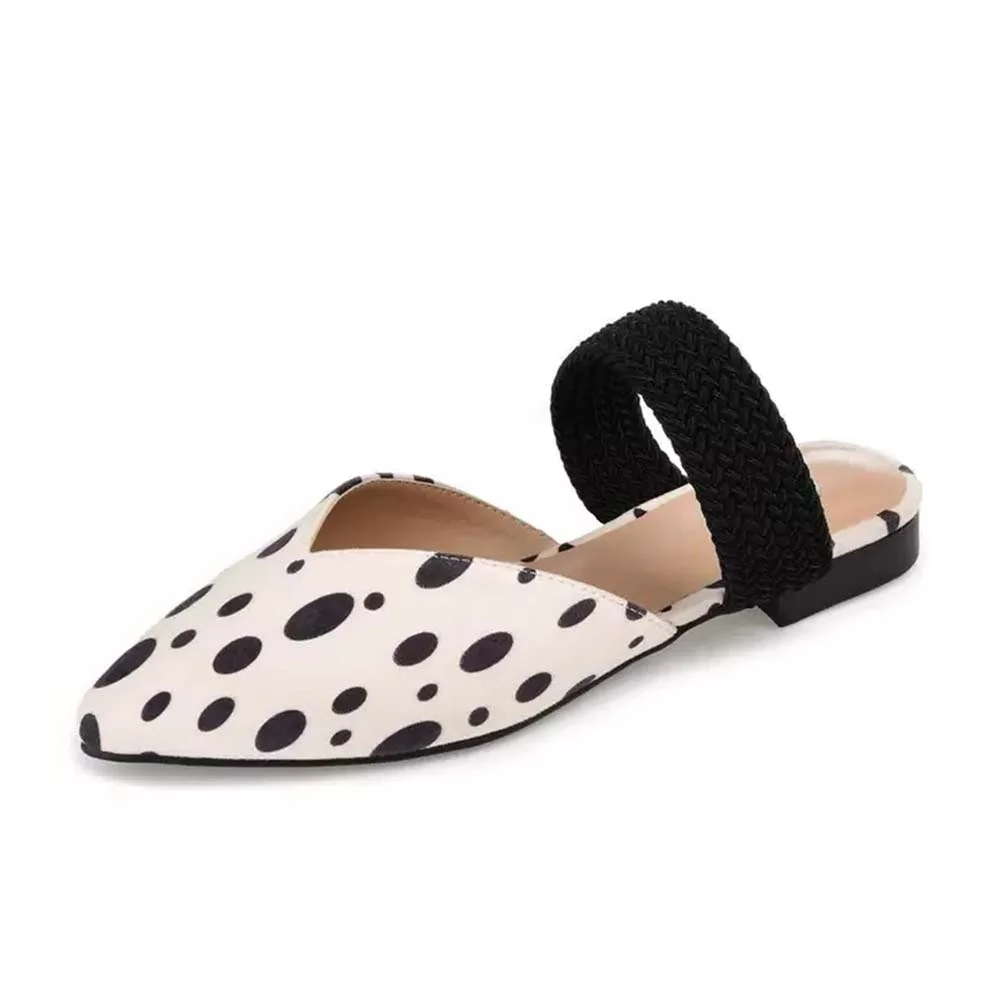 White Pointed Toe Polka Dots Slingback Mules With Strap Flats Nicepairs