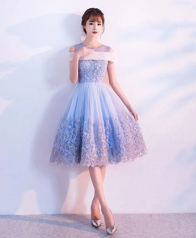 Cute Blue Lace Tulle Short Prom Dress, Blue Homecoming Dress