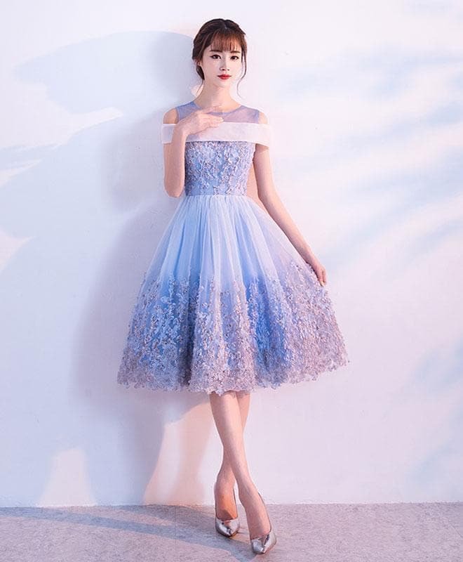 Cute Blue Lace Tulle Short Prom Dress, Blue Homecoming Dress