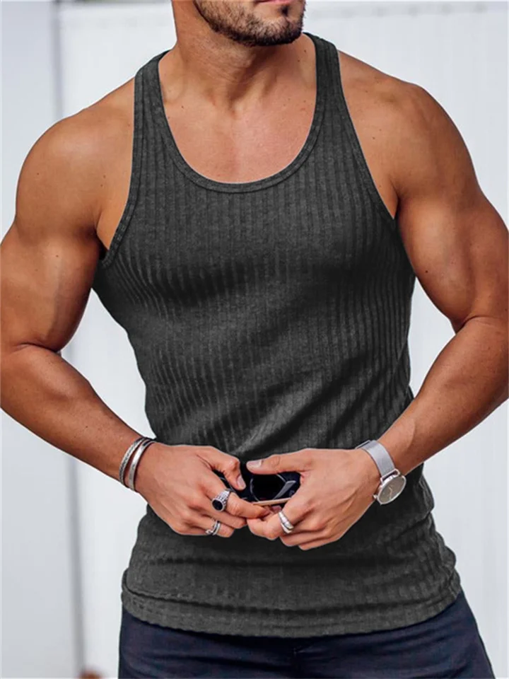 Summer Explosion of Solid Color Knitted Vertical Stripes Fitness Sports Slim Undershirt Men Work Word Undershirt-JRSEE