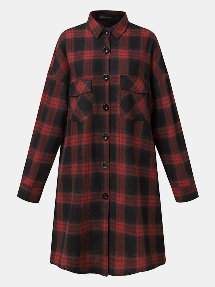 Plaid Button Pocket Lapel Long Sleeve Casual Shirt For Women P1793521
