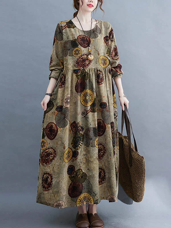 Vintage Round-Neck Long Sleeves A-Line Maxi Dress