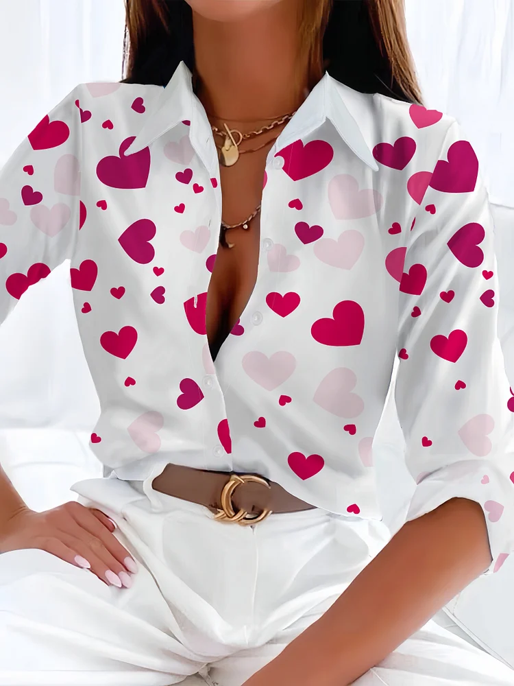 Heart Print Button Front Shirt, Sweet Long Sleeve Shirt For Spring & Fall, Women's Clothing