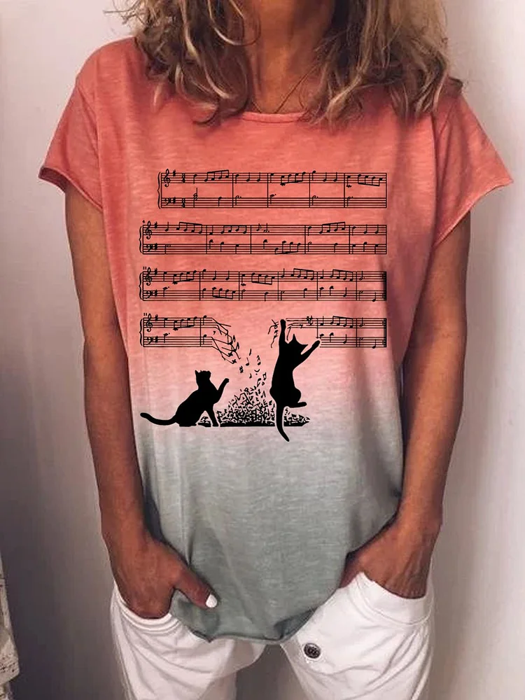 Bestdealfriday Musical Note Cat Graphic Tee