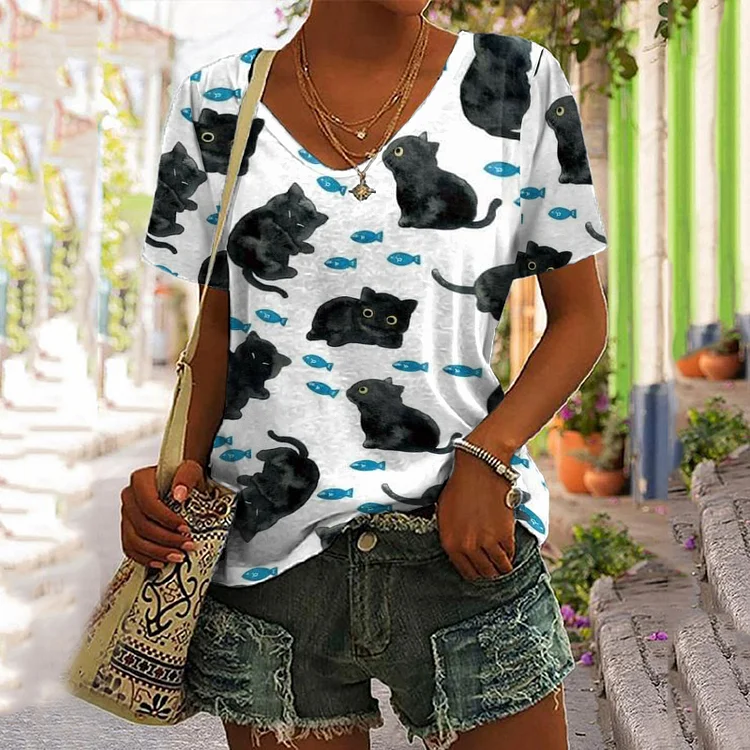 Vefave Cat And Fish Print Short Sleeve T-Shirt