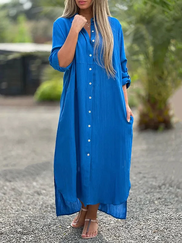 Buttoned Split-Side A-Line High-Low Lapel Shirt Dress Maxi Dresses