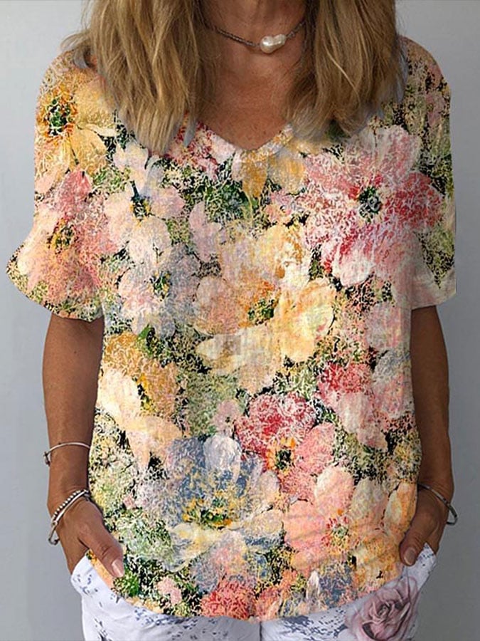 Peach Floral V-neck Top