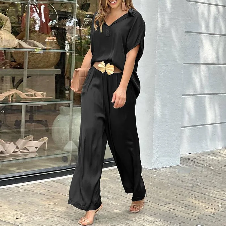 Plus Size Summer Fashion Casual Solid Color and V-neck Wide Leg Pants Two-Piece Suit VangoghDress