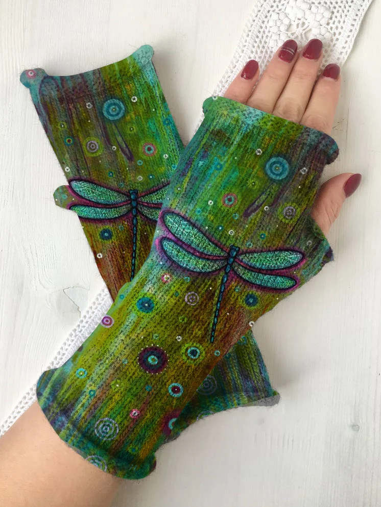 Retro dragonfly knit fingerless gloves
