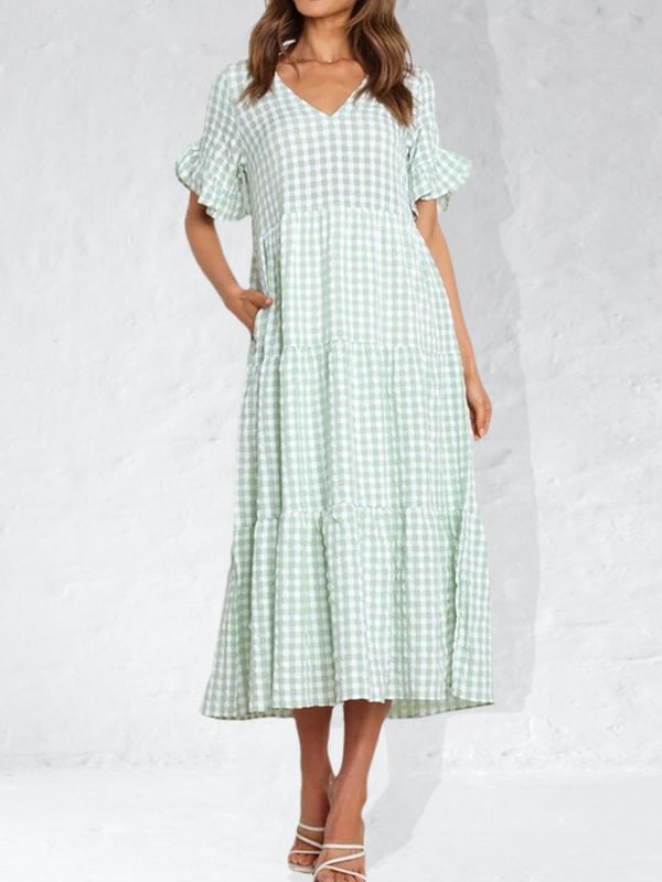 Ruffled Sleeves Plaid Maxi Dress