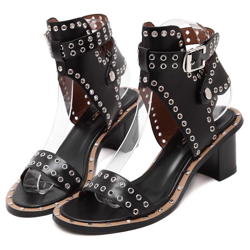 VCSHOES Hasp Rivets Open Toe Ankle Wraps Cut Out Low Chunky Heels Sandals