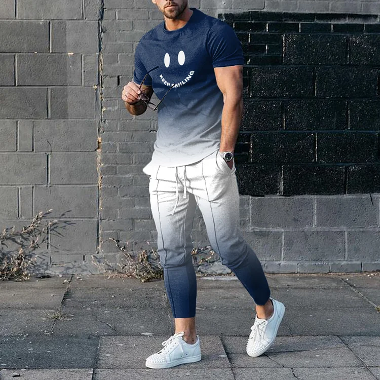 BrosWear Men's Street Sport Style Blue And White Gradient Smiley Print Short Sleeve T-shirt And Pants Co-Ord Sets