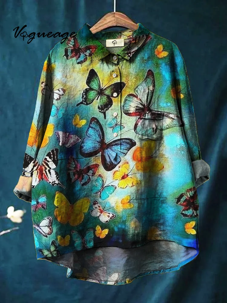 Fashionable Colorful Beautiful Butterfly Print Cotton And Linen Shirt