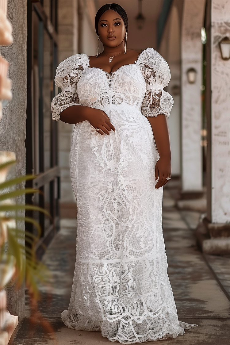 Xpluswear Design Plus Size Wedding White Square Neck Puff Sleeve Short Sleeve Lace Maxi Dresses [Pre-Order]