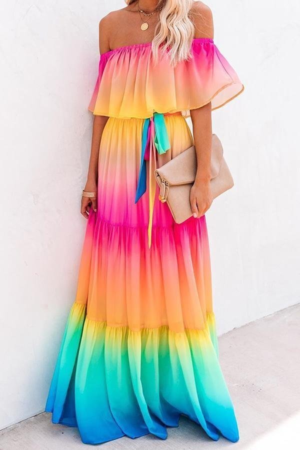Elegant Off Shoulder Rainbow Maxi Dress P11386