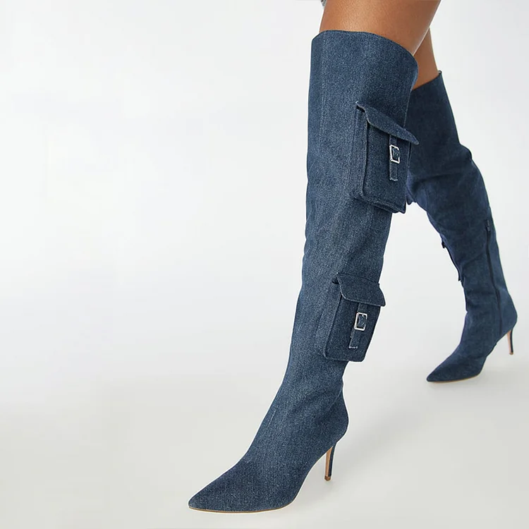 Blue Pointed Toe Denim Shoes Vintage Stiletto Heel Thigh High Boots |FSJ Shoes