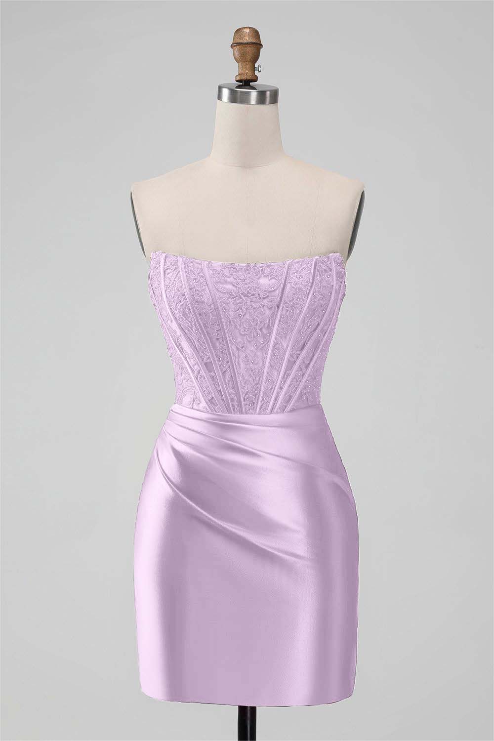 Lvs&Broner Red Satin Strapless Sleeveless Pleated Short Homecoming Dress with Embroidery