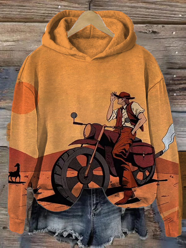 Women's Motorcycle Cowboy Art Printed Hoodie