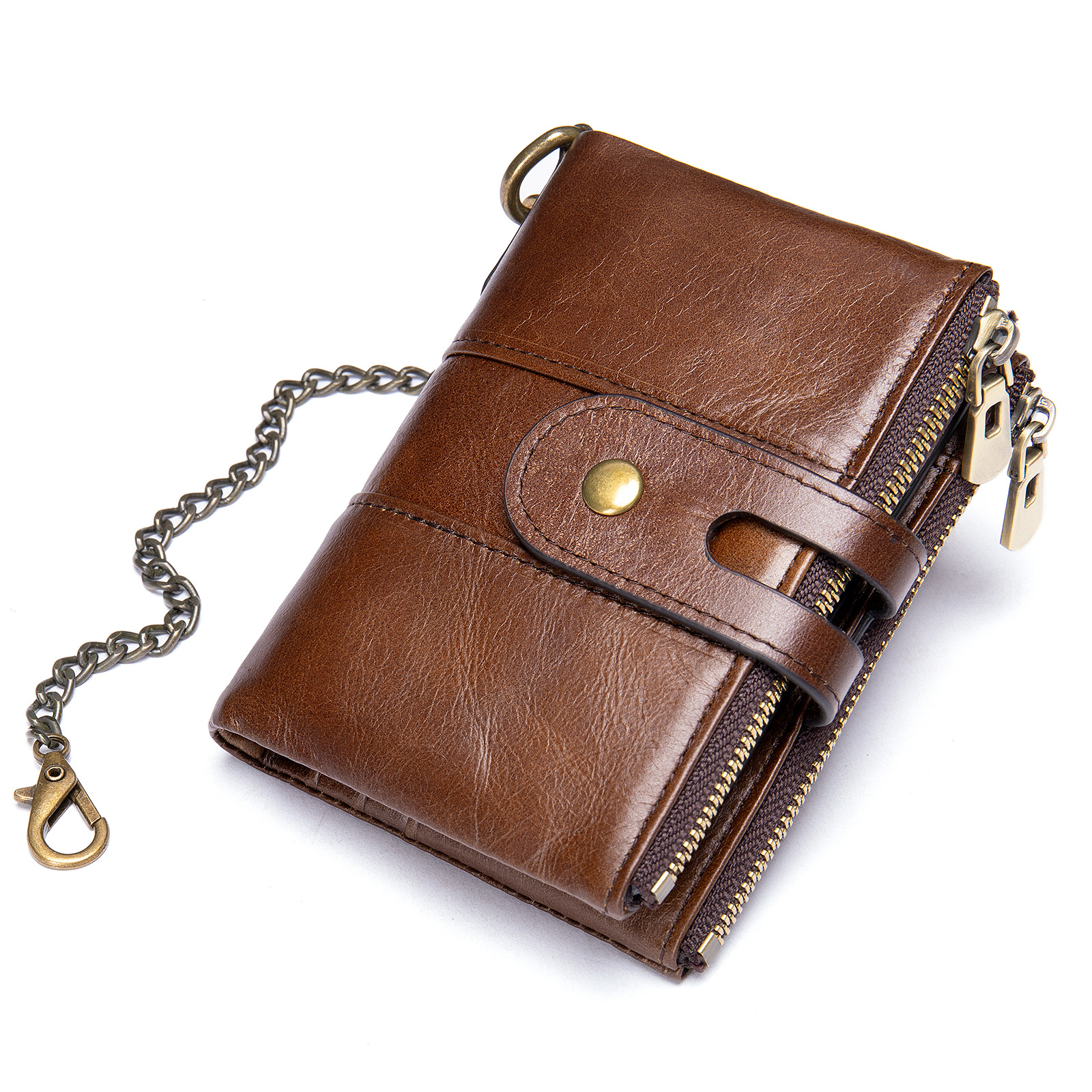 RFID Men's Genuine Leather Chain Zipper Wallet Card ID Holder Bifold Wallet | ARKGET