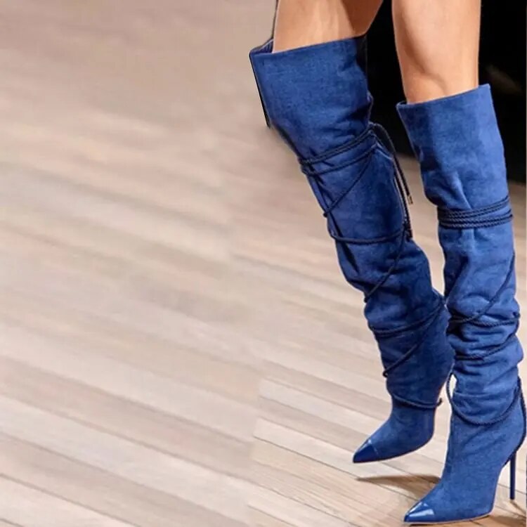TAAFO Ladies Shoes Blue Stiletto Heel Thigh High Shoes Pointed Toe Wrapped Denim Boots