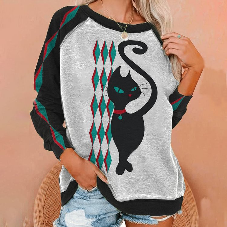Vefave Casual Geometric Cat Print Sweatshirt