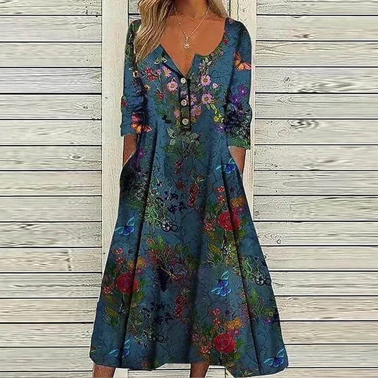 Women's A Line Floral Butterfly Ruched Dress